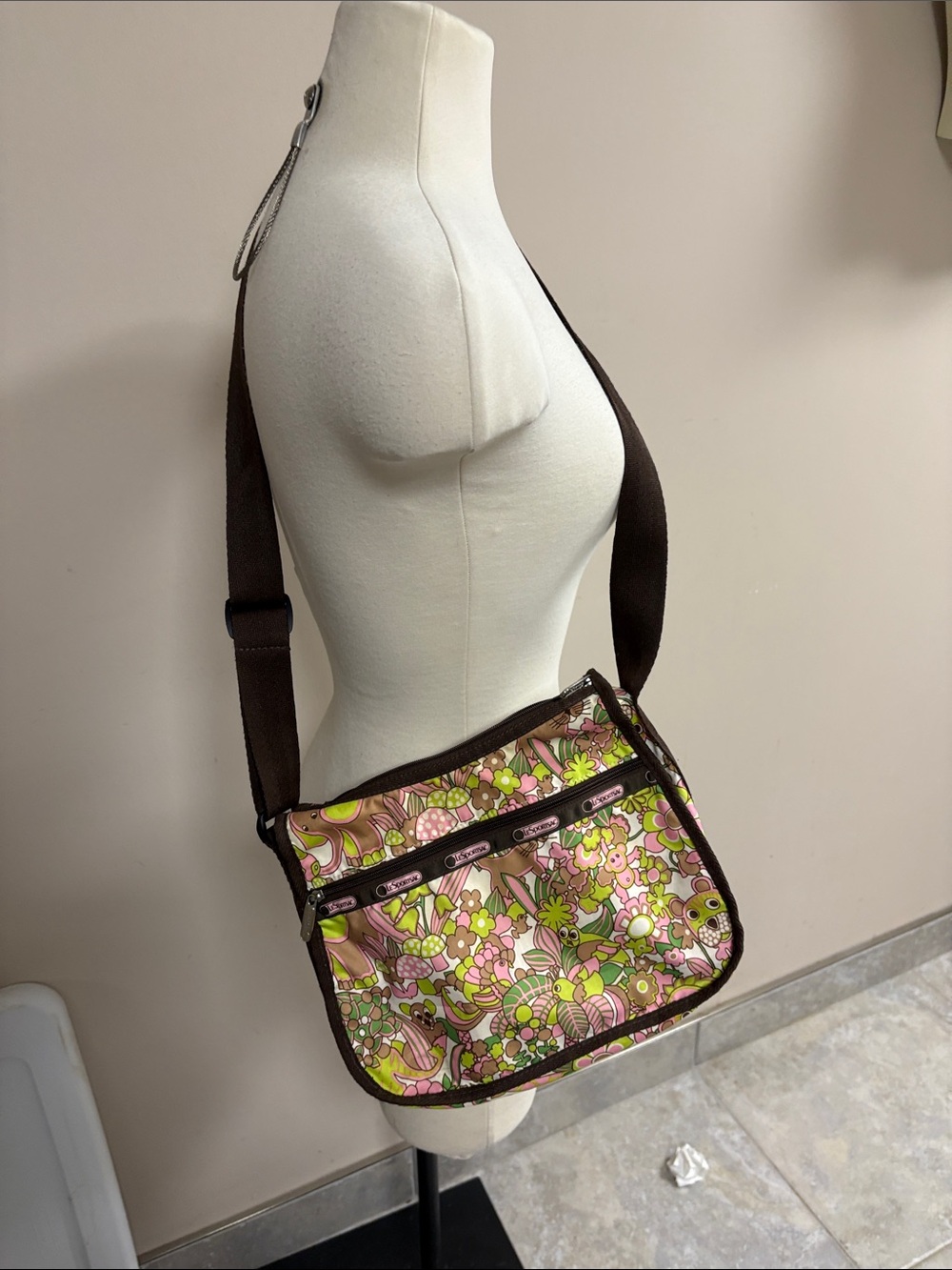 Le Sport Sac Crossbody with make up bag Brown and Pink Animal Print